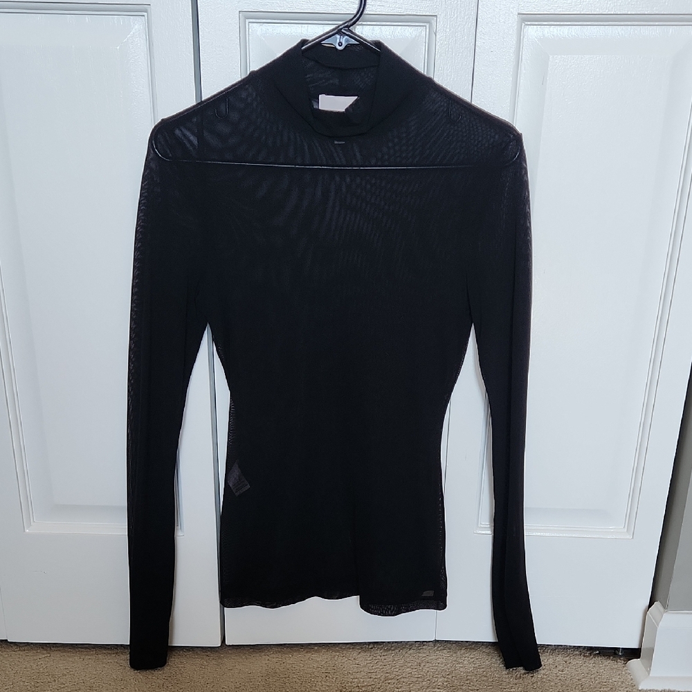 Cinq A Sept Black Long Sleeve Sheer Turtleneck Top